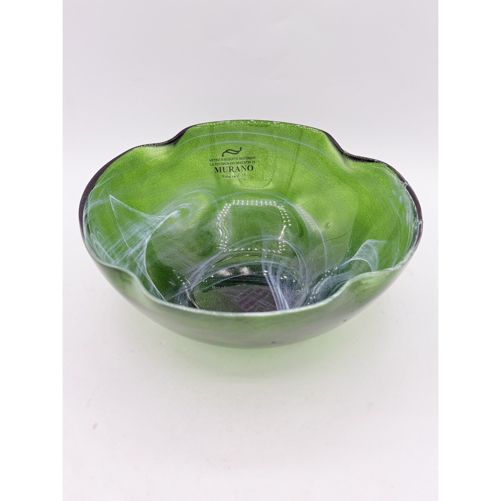Vetro Eseguito Murano Art Glass Bowl Green Swirl Ruffle 8 Inch Made In Italy